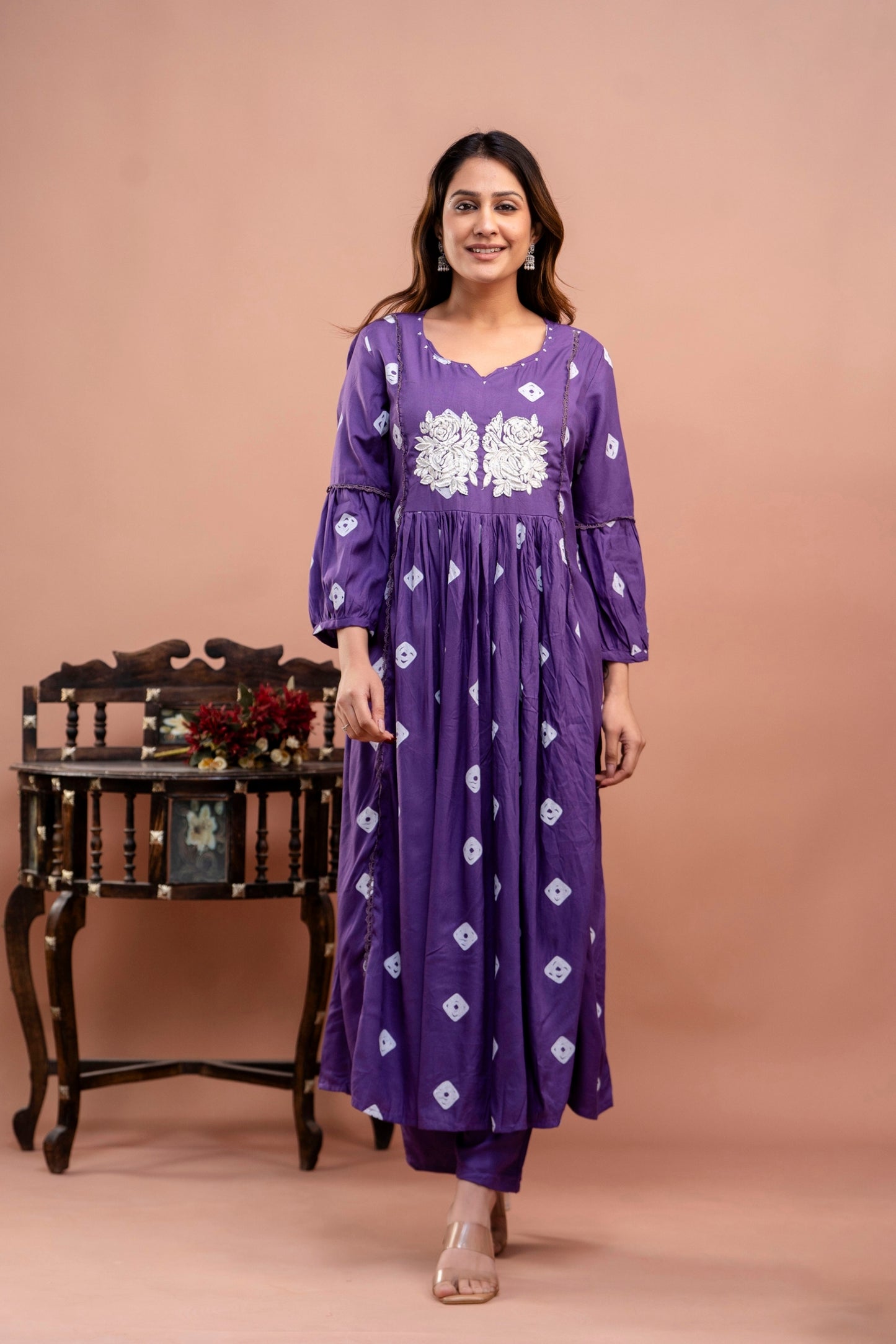 PoshArt Purple Bandhej Kurta And Pant Set