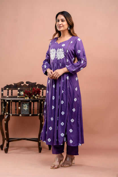 PoshArt Purple Bandhej Kurta And Pant Set