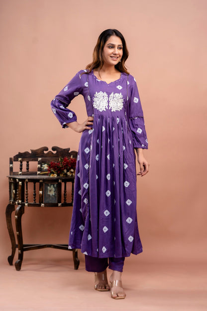 PoshArt Purple Bandhej Kurta And Pant Set