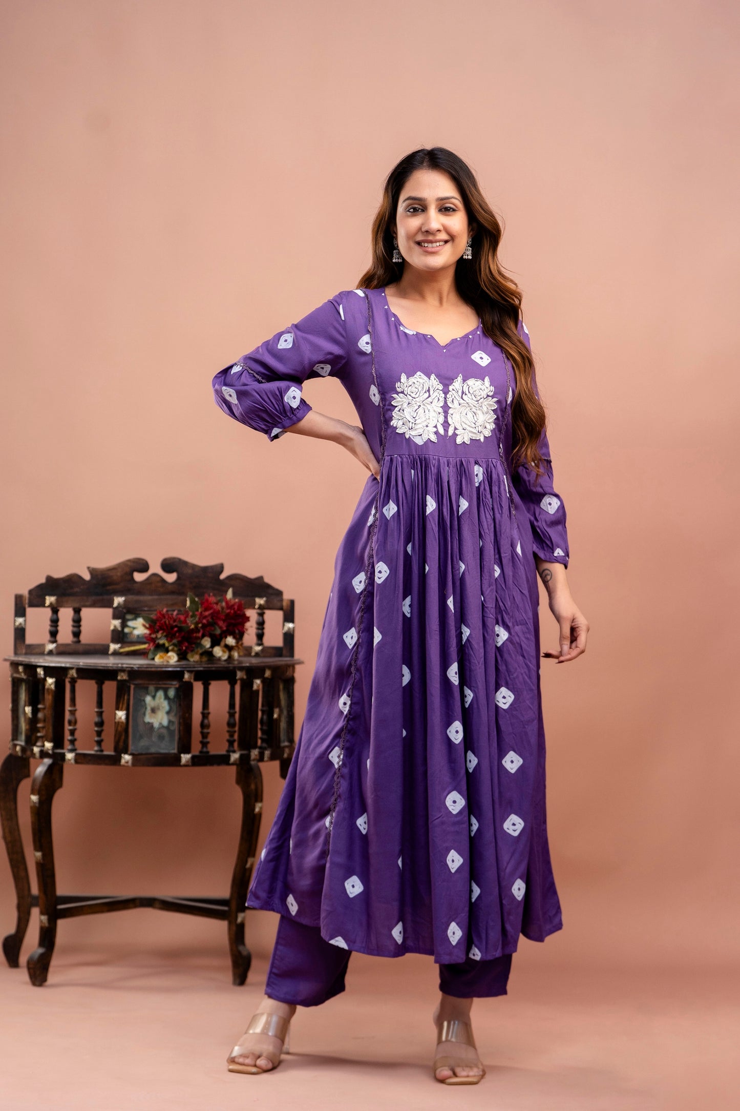 PoshArt Purple Bandhej Kurta And Pant Set