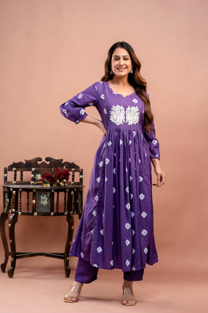 PoshArt Purple Bandhej Kurta And Pant Set