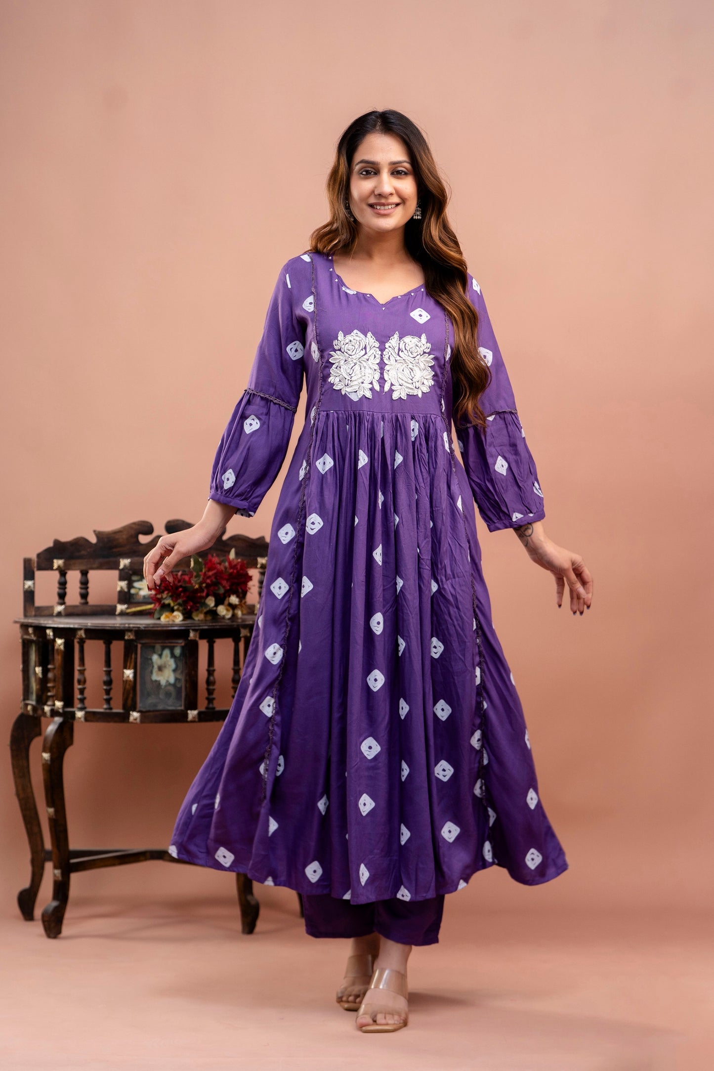 PoshArt Purple Bandhej Kurta And Pant Set