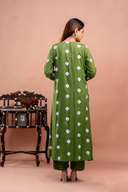 PoshArt Green Bandhej Kurta And Pant Set