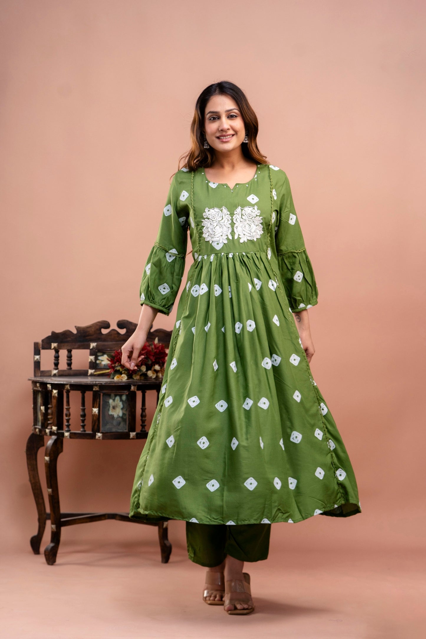 PoshArt Green Bandhej Kurta And Pant Set