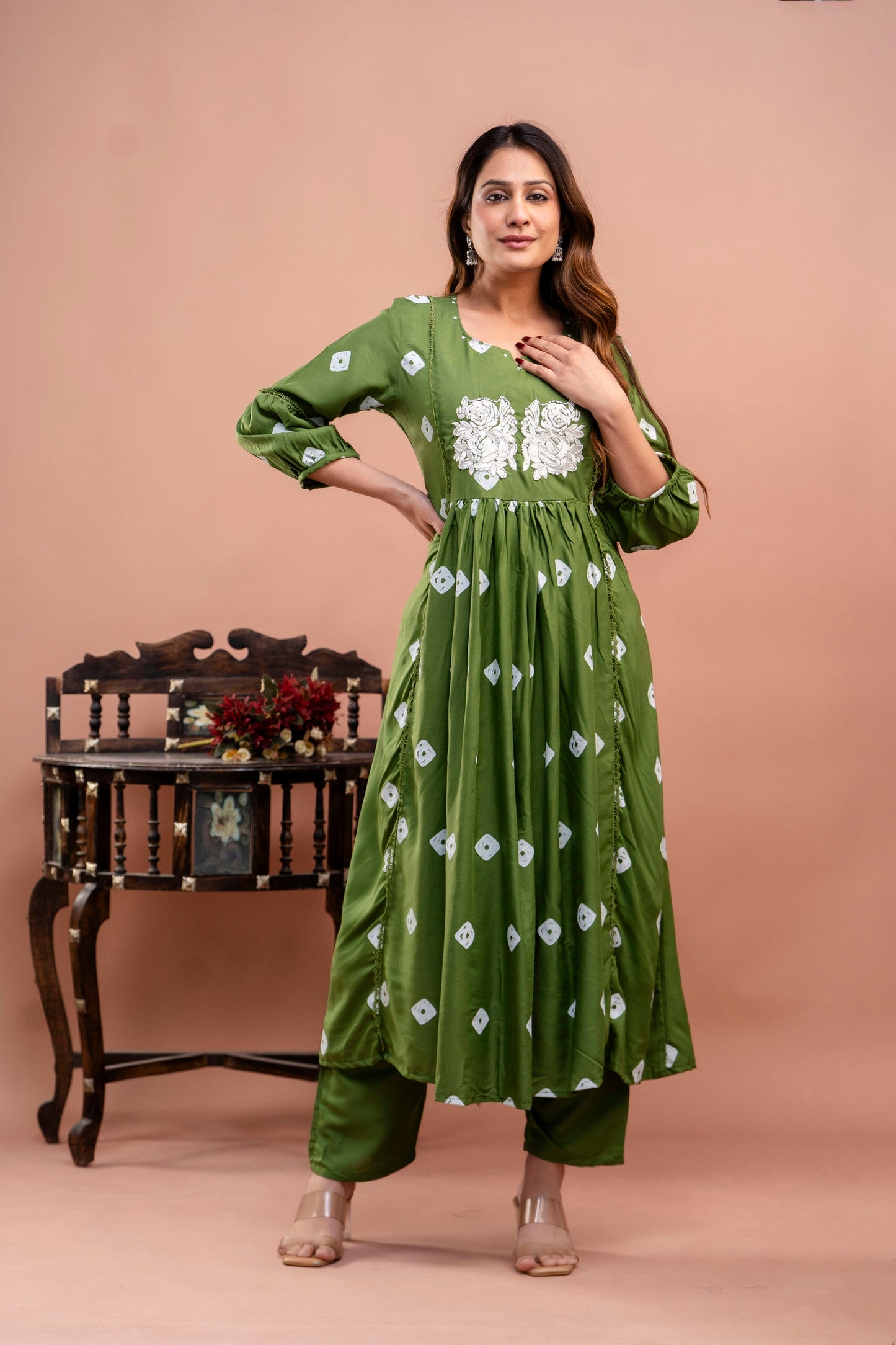 PoshArt Green Bandhej Kurta And Pant Set