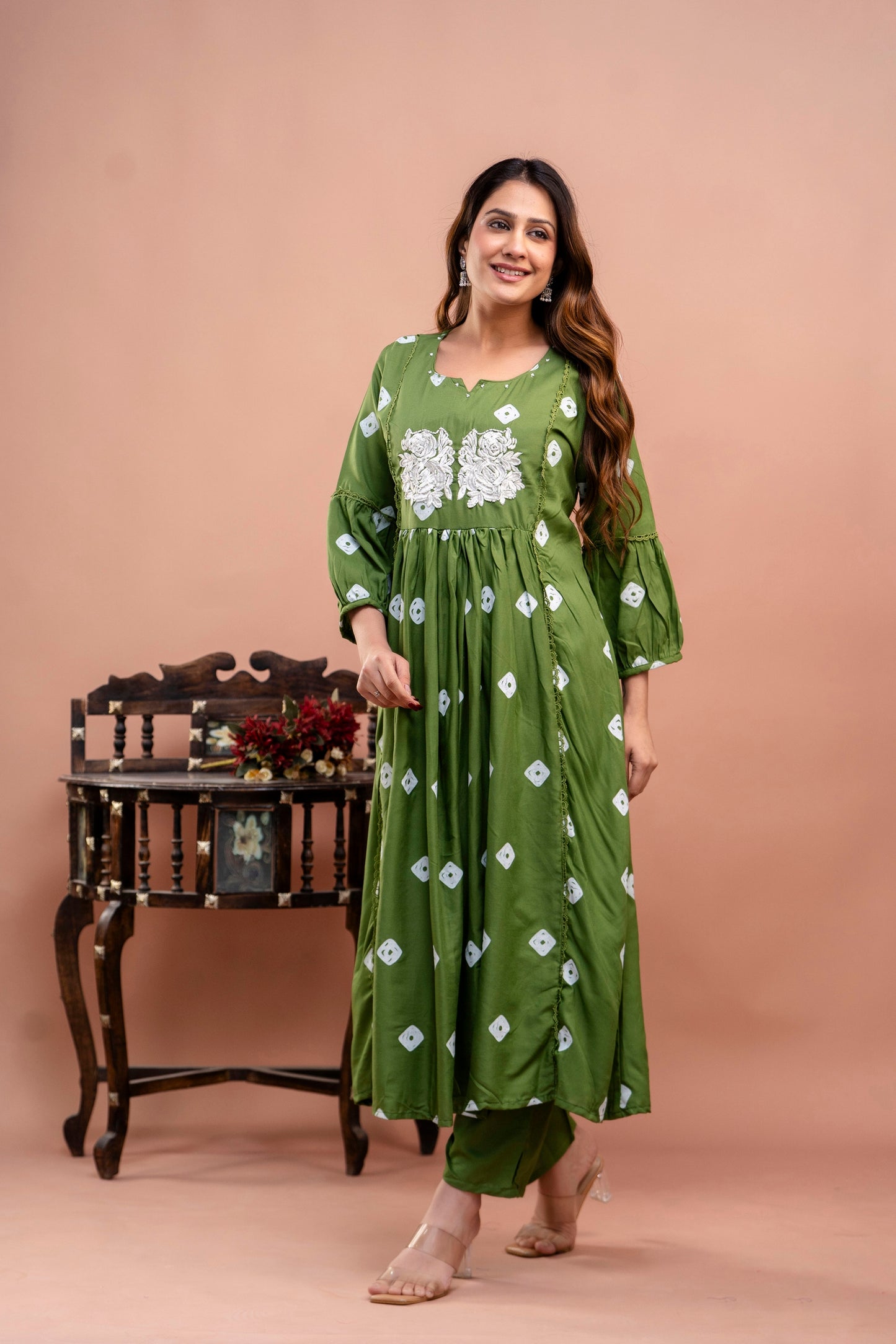 PoshArt Green Bandhej Kurta And Pant Set