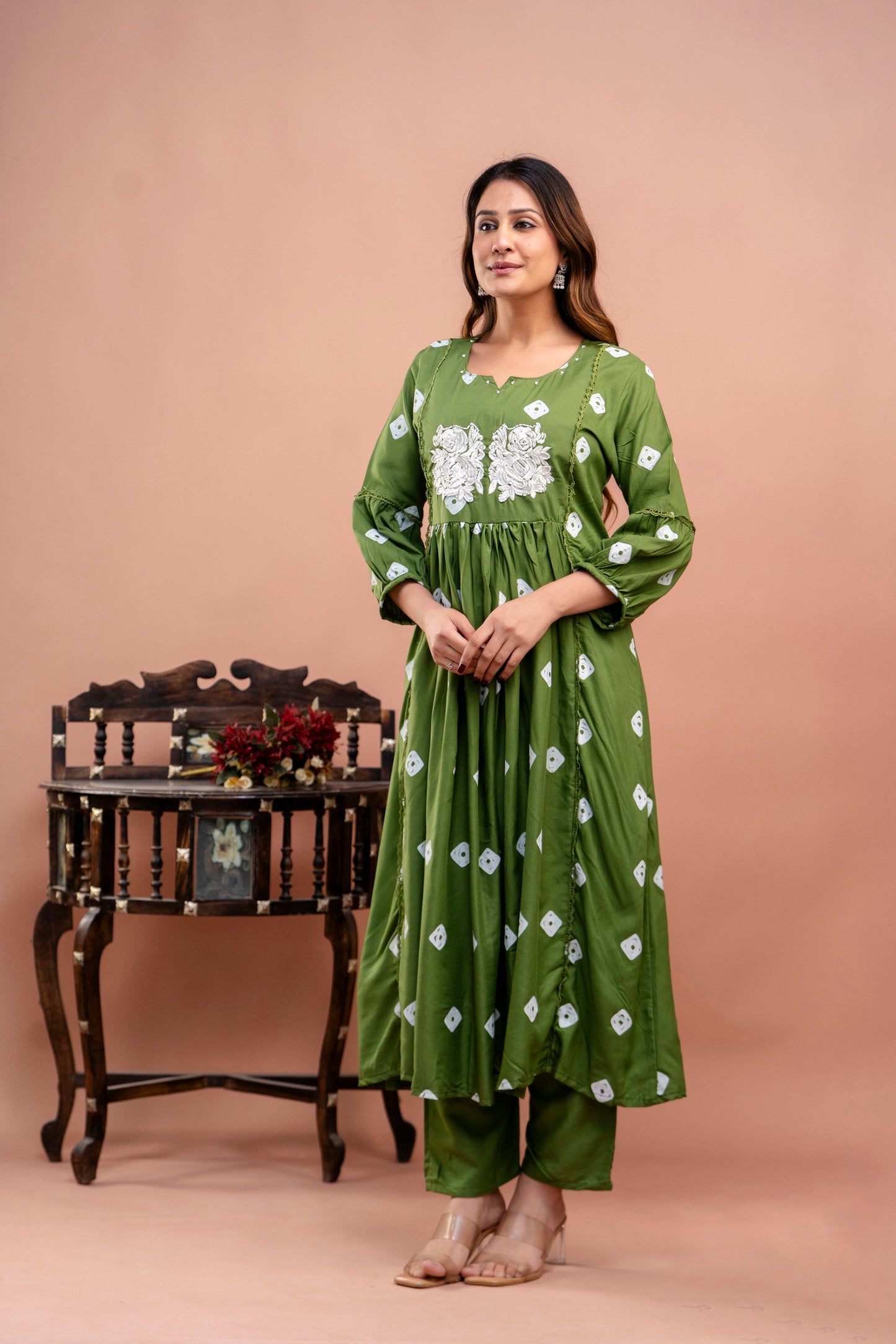 PoshArt Green Bandhej Kurta And Pant Set