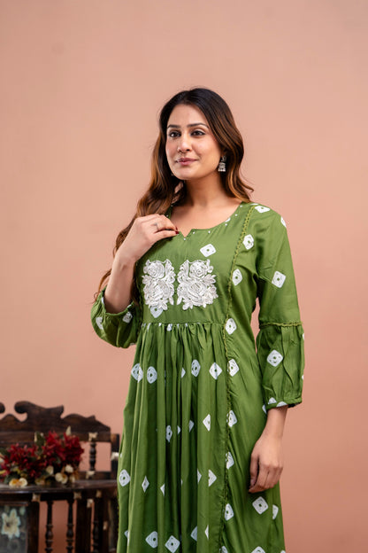 PoshArt Green Bandhej Kurta And Pant Set