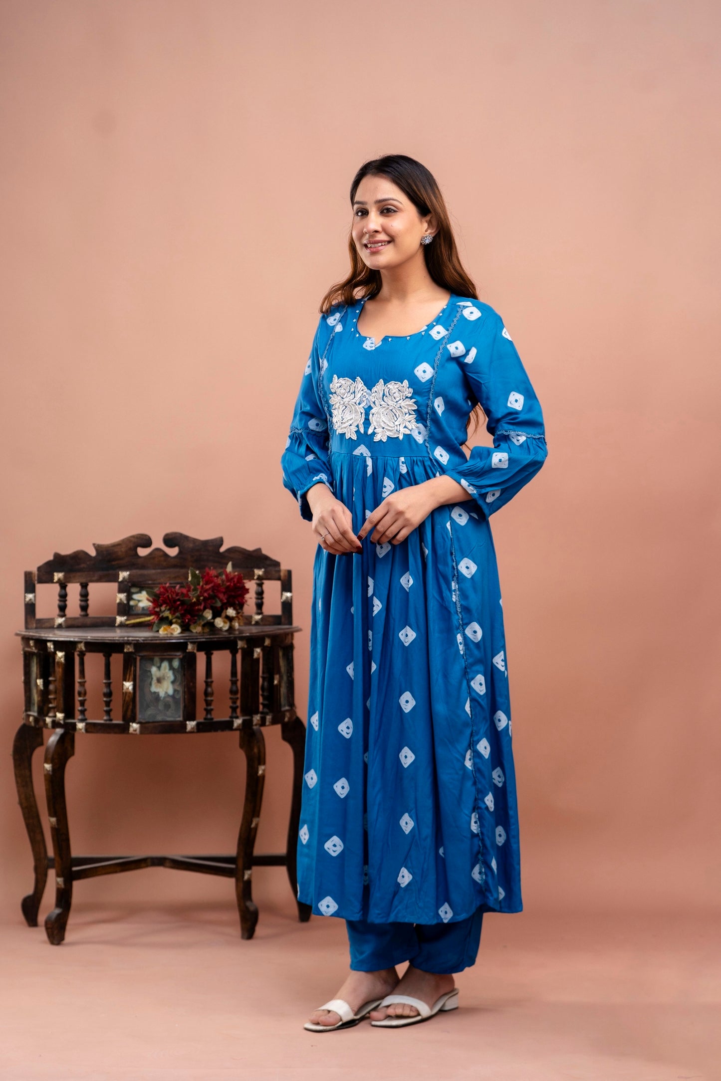 PoshArt Blue Bandhej Kurta And Pant Set