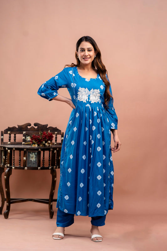 PoshArt Blue Bandhej Kurta And Pant Set