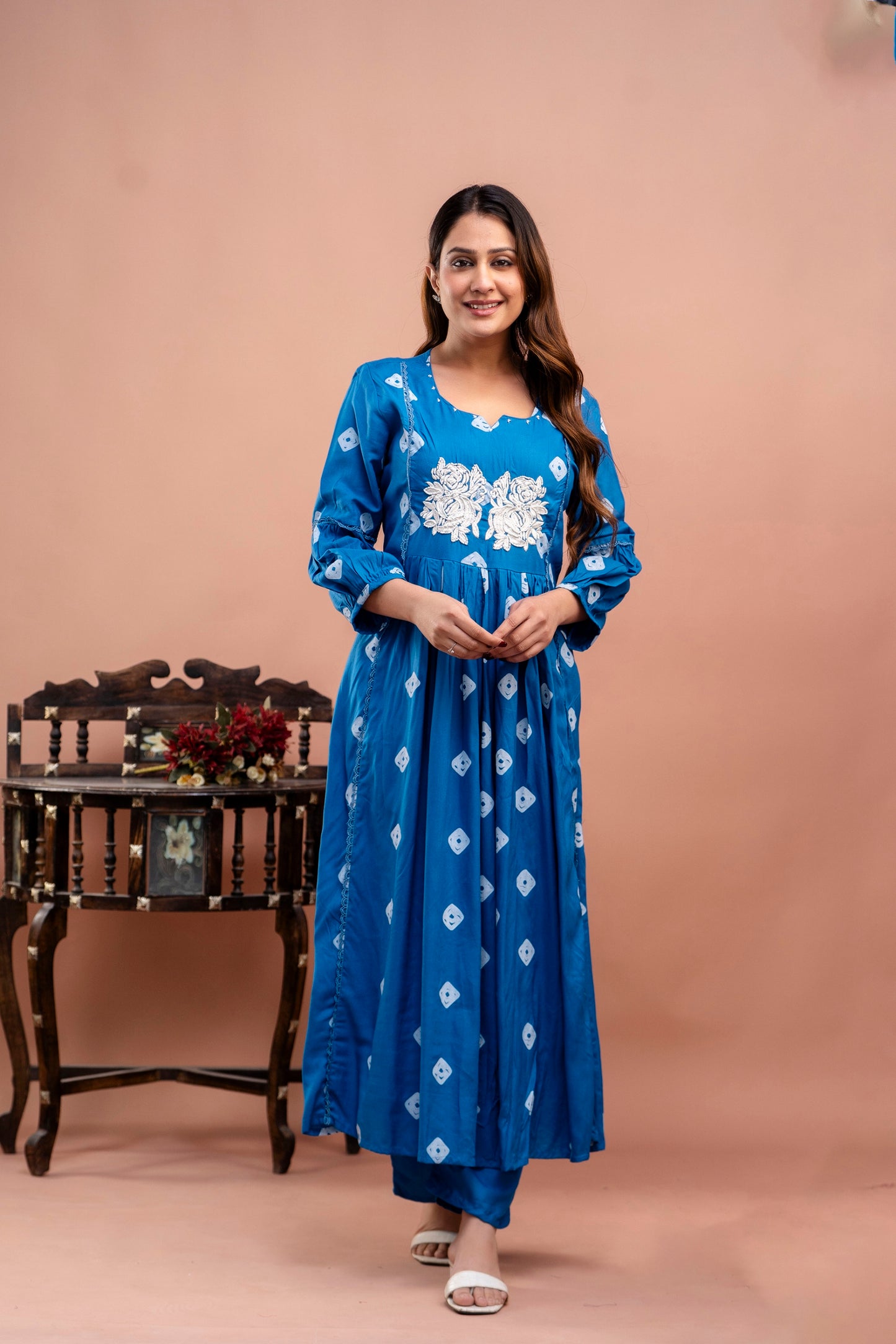 PoshArt Blue Bandhej Kurta And Pant Set