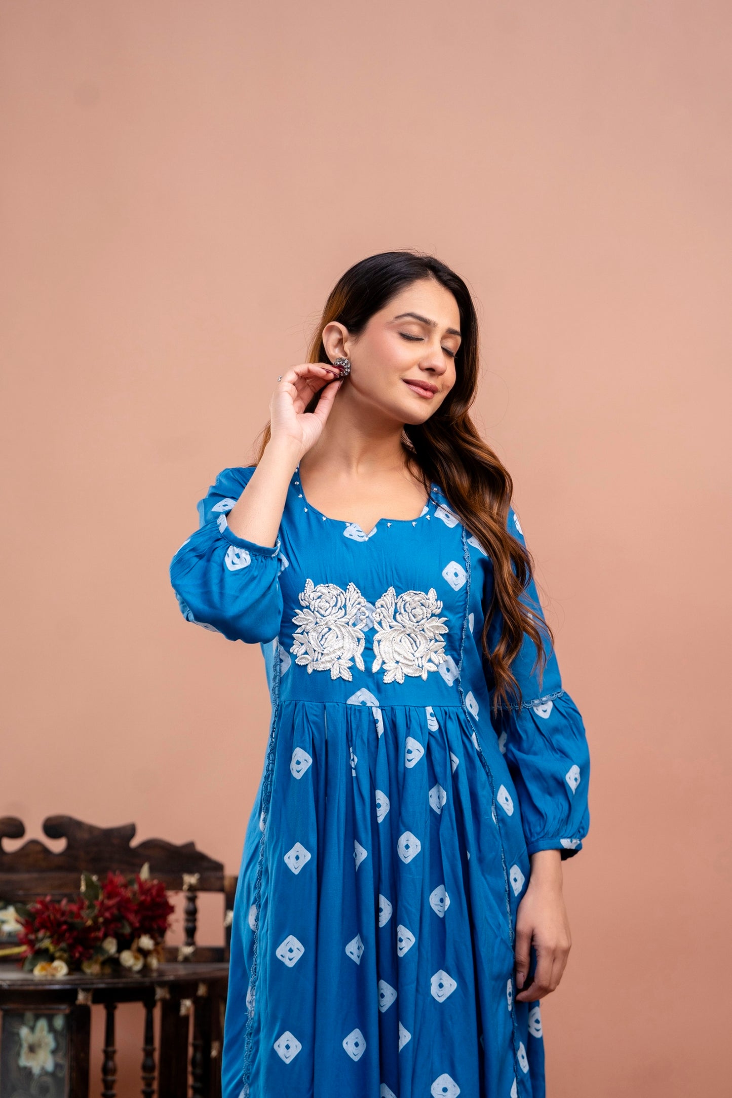 PoshArt Blue Bandhej Kurta And Pant Set