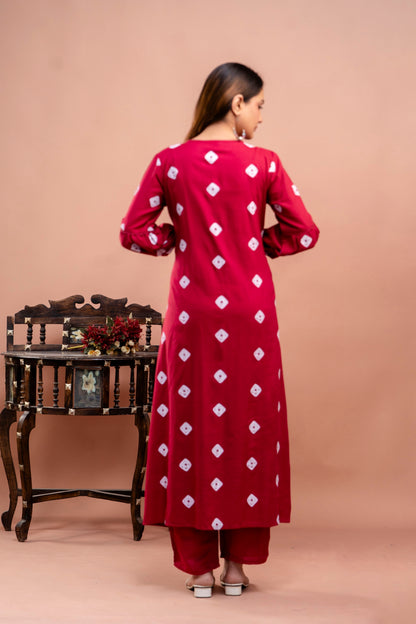 PoshArt Red Bandhej Kurta And Pant Set