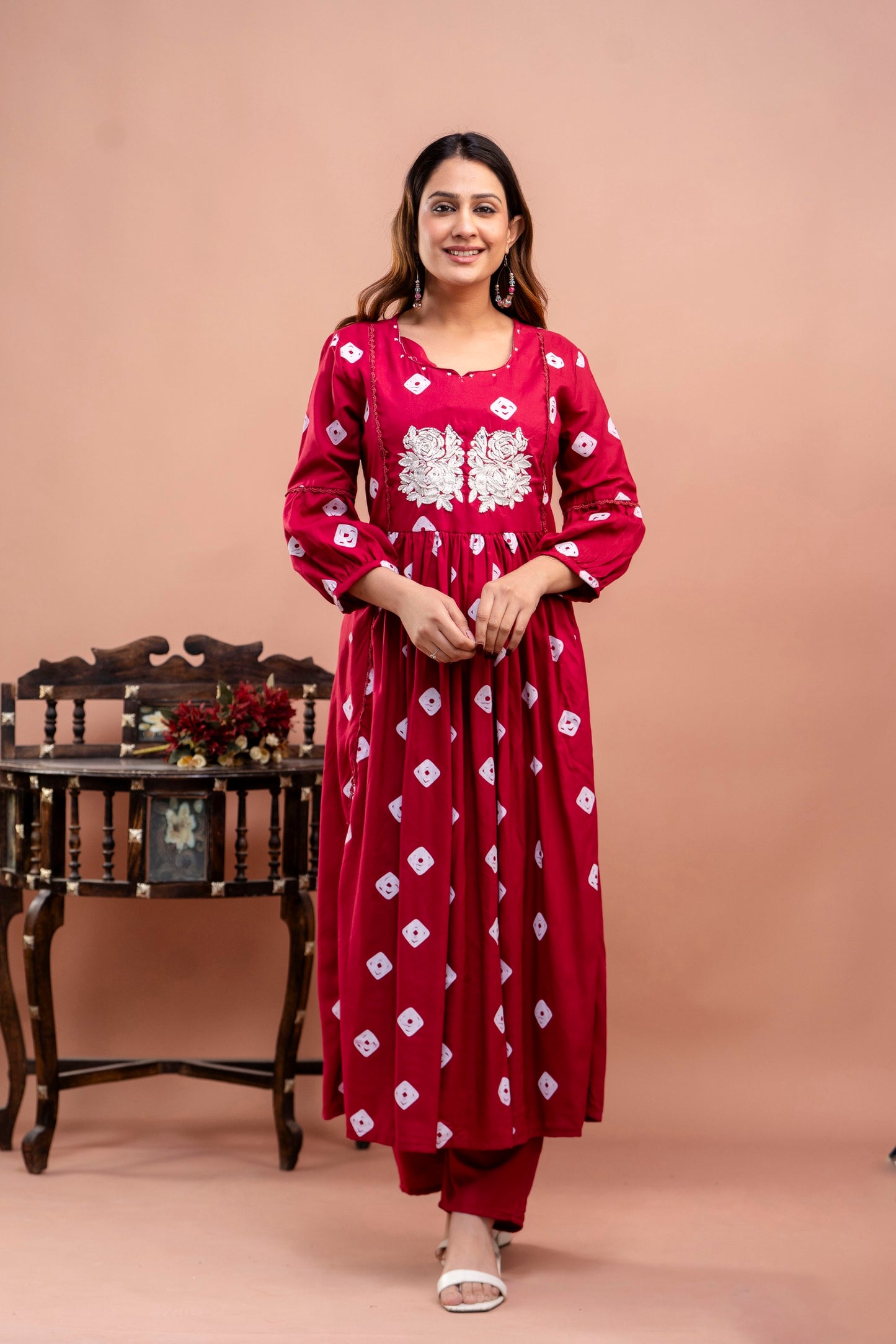 PoshArt Red Bandhej Kurta And Pant Set