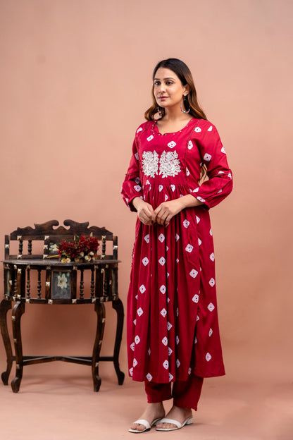 PoshArt Red Bandhej Kurta And Pant Set