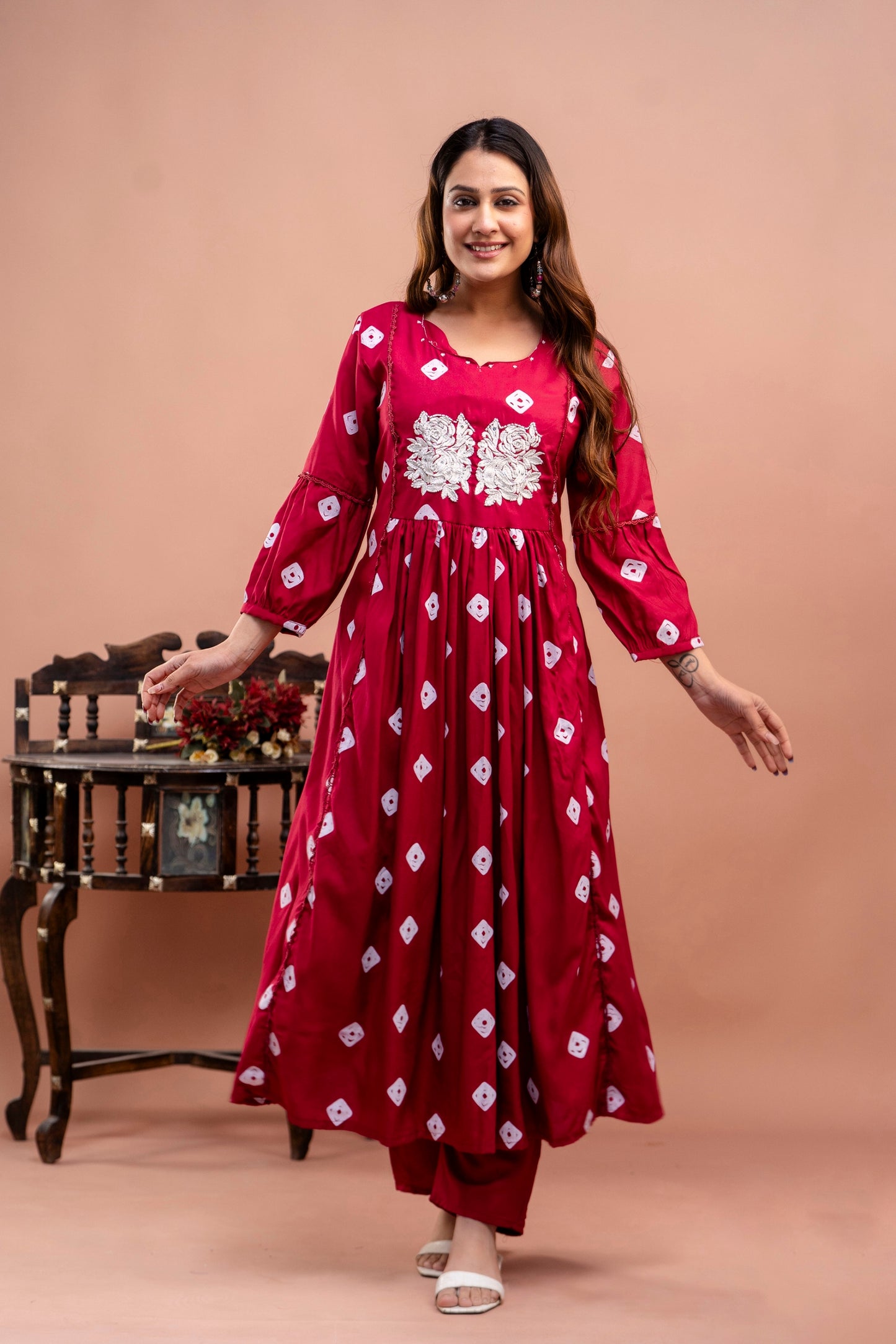 PoshArt Red Bandhej Kurta And Pant Set