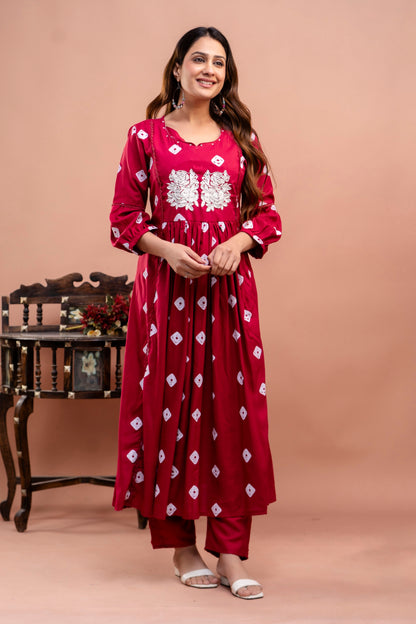 PoshArt Red Bandhej Kurta And Pant Set