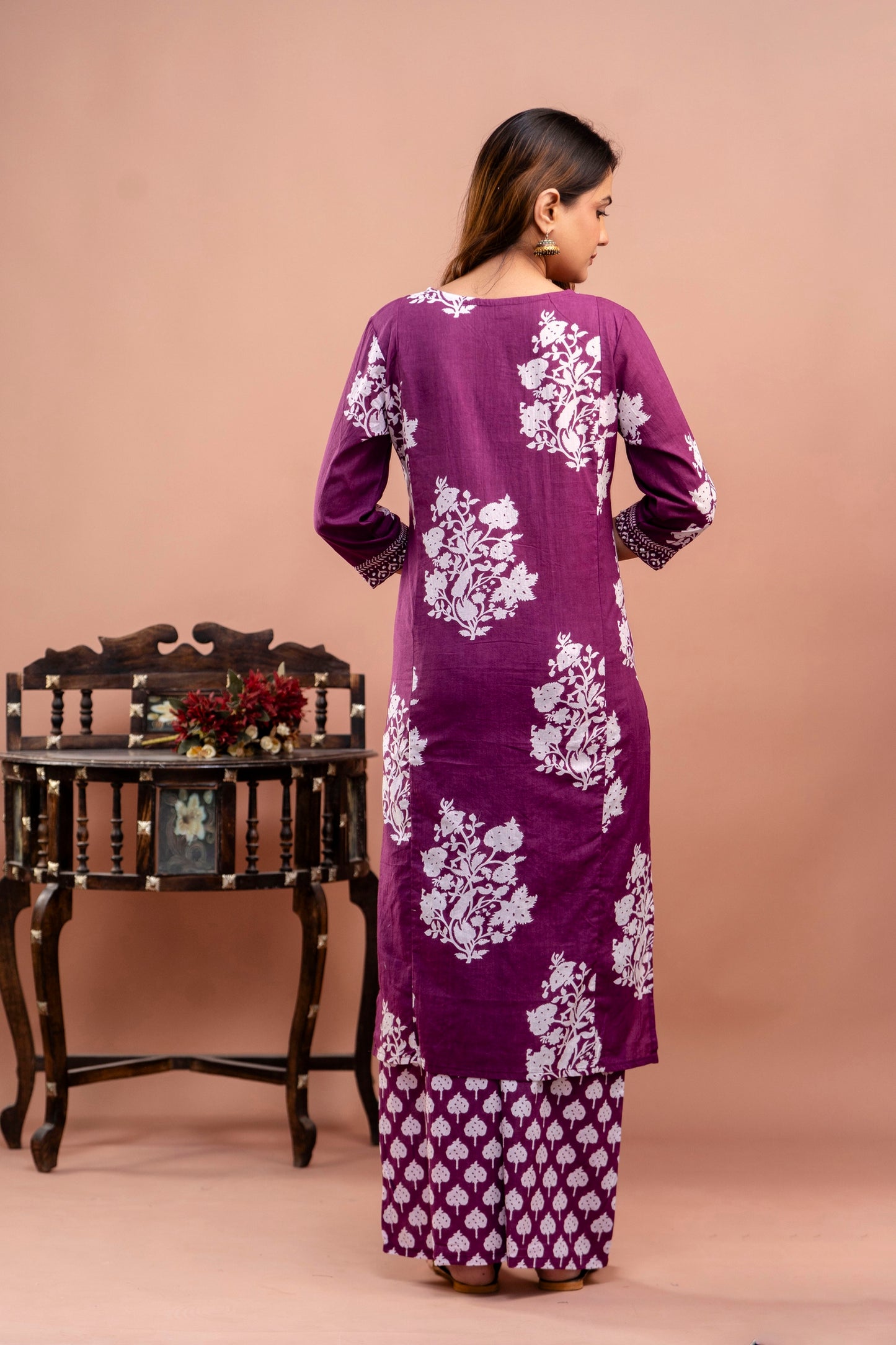 PoshArt Purple Floral Straight Kurta Set With Dupatta