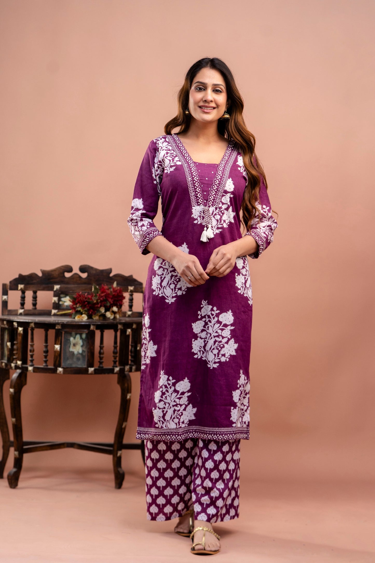 PoshArt Purple Floral Straight Kurta Set With Dupatta