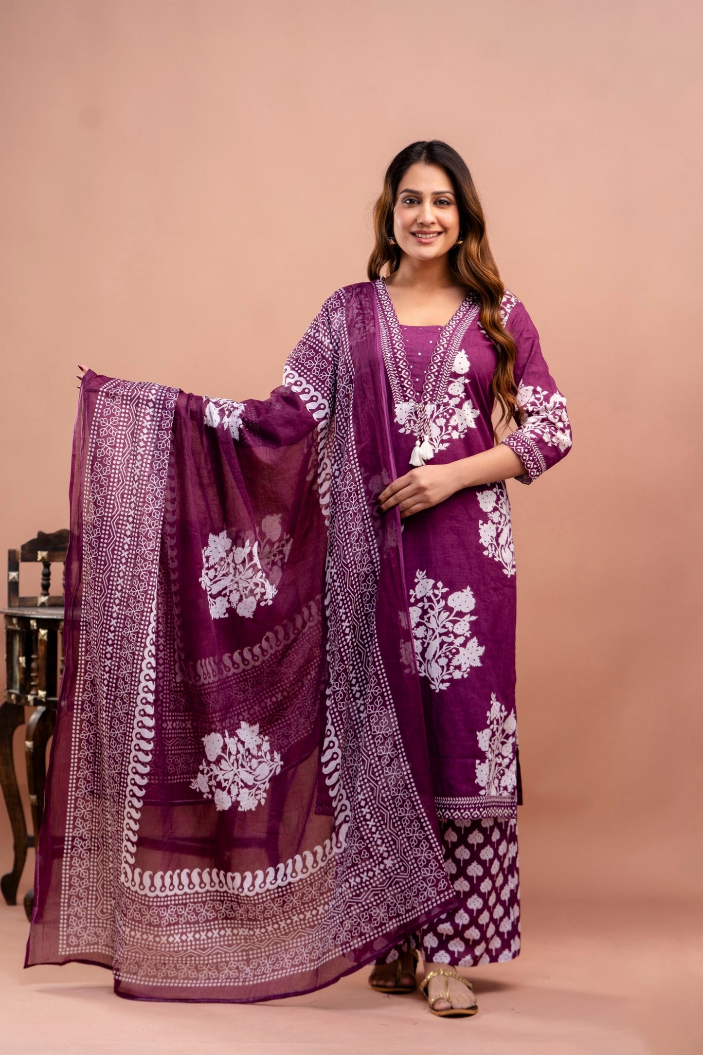 PoshArt Purple Floral Straight Kurta Set With Dupatta