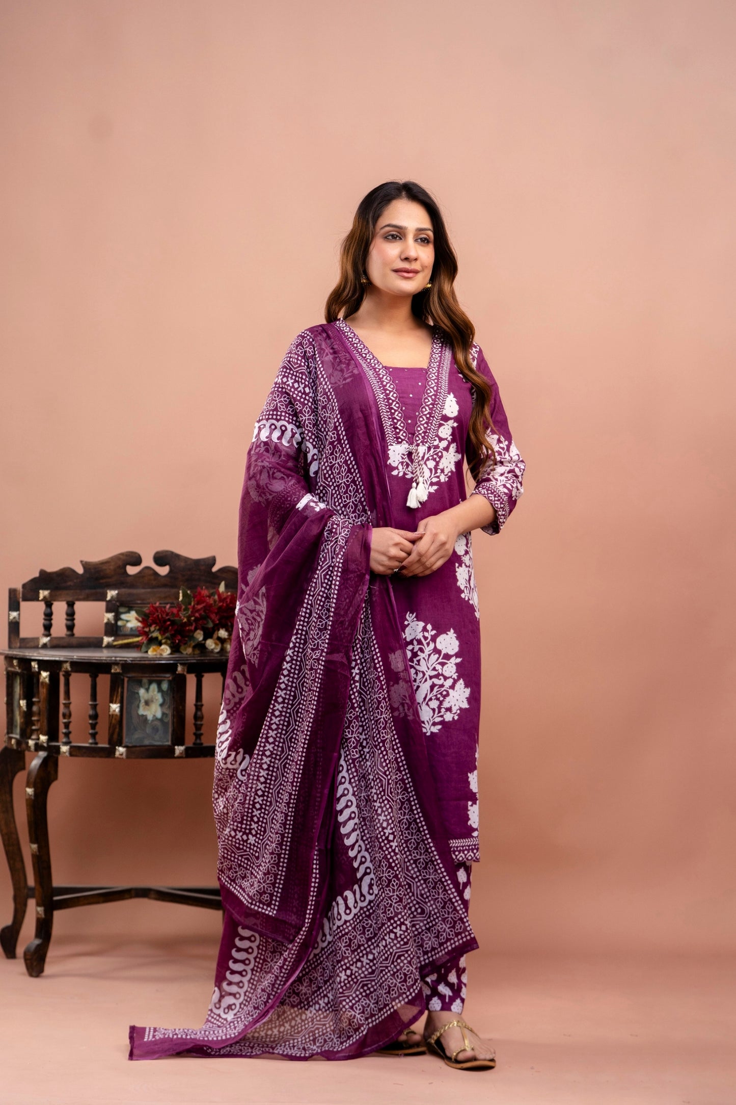 PoshArt Purple Floral Straight Kurta Set With Dupatta