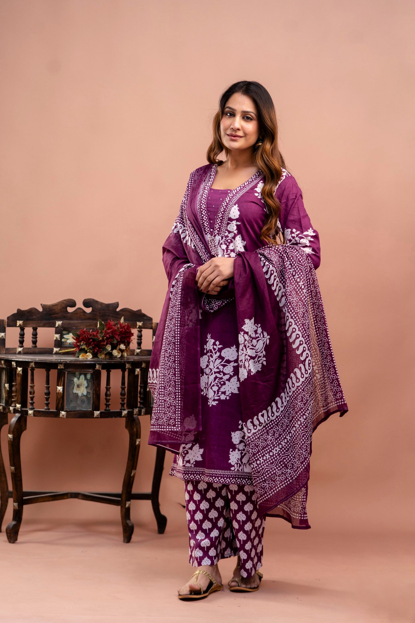 PoshArt Purple Floral Straight Kurta Set With Dupatta