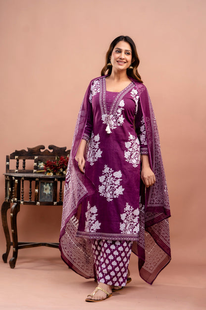 PoshArt Purple Floral Straight Kurta Set With Dupatta