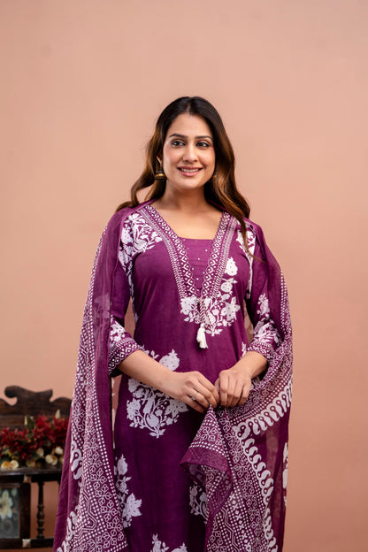 PoshArt Purple Floral Straight Kurta Set With Dupatta