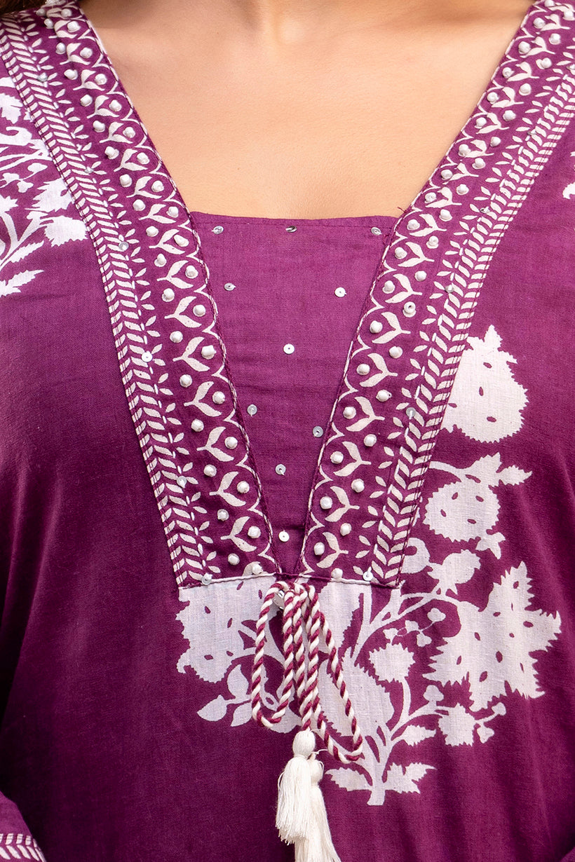 PoshArt Purple Floral Straight Kurta Set With Dupatta