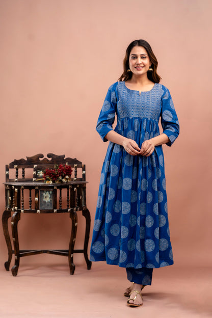 PoshArt Blue Bandhej A-Line Kurta Set With Dupatta