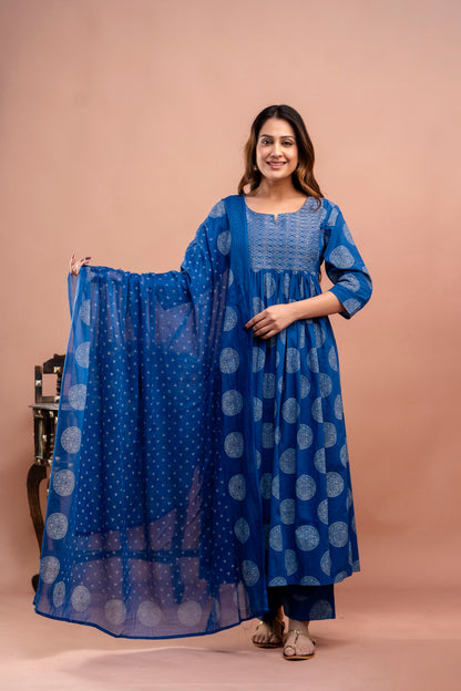 PoshArt Blue Bandhej A-Line Kurta Set With Dupatta