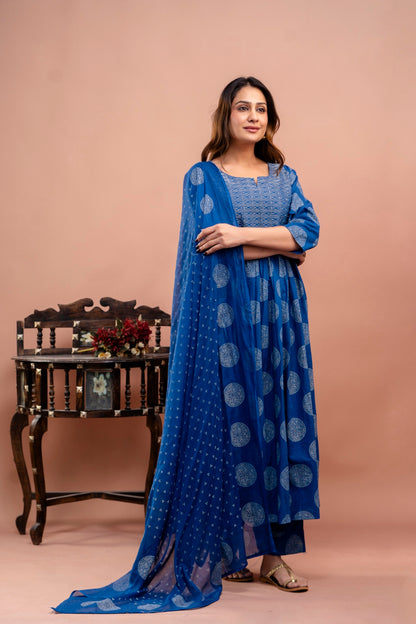 PoshArt Blue Bandhej A-Line Kurta Set With Dupatta