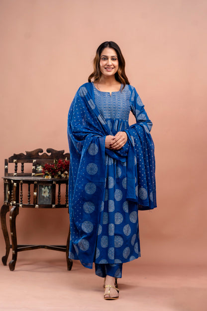 PoshArt Blue Bandhej A-Line Kurta Set With Dupatta