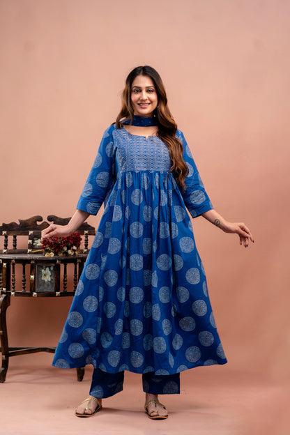 PoshArt Blue Bandhej A-Line Kurta Set With Dupatta