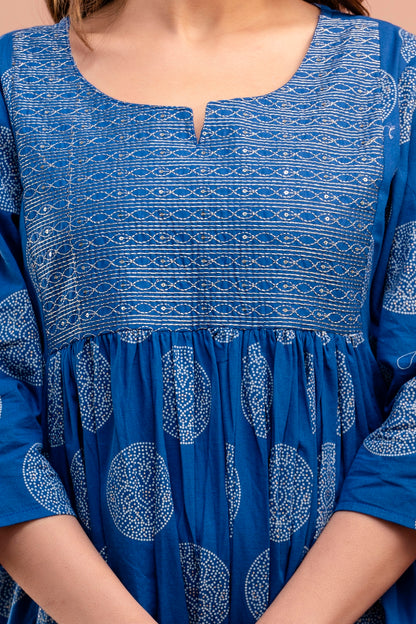 PoshArt Blue Bandhej A-Line Kurta Set With Dupatta