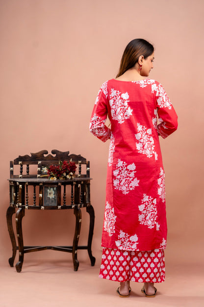 PoshArt Red Floral Straight Kurta Set With Duptta