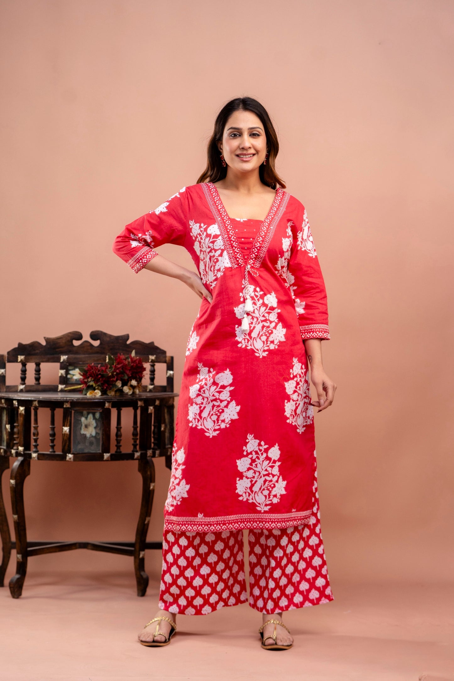 PoshArt Red Floral Straight Kurta Set With Duptta