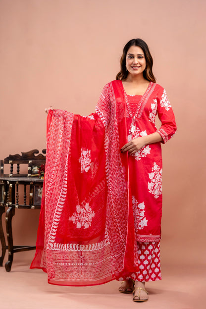 PoshArt Red Floral Straight Kurta Set With Duptta