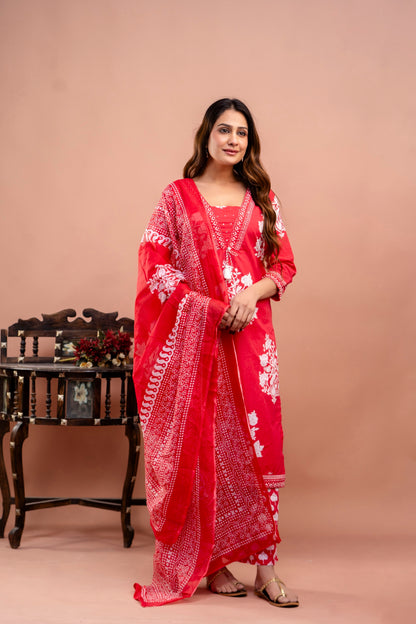 PoshArt Red Floral Straight Kurta Set With Duptta