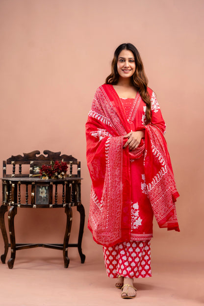 PoshArt Red Floral Straight Kurta Set With Duptta