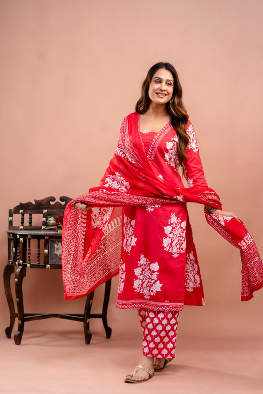 PoshArt Red Floral Straight Kurta Set With Duptta