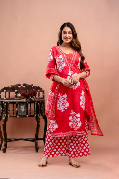 PoshArt Red Floral Straight Kurta Set With Duptta