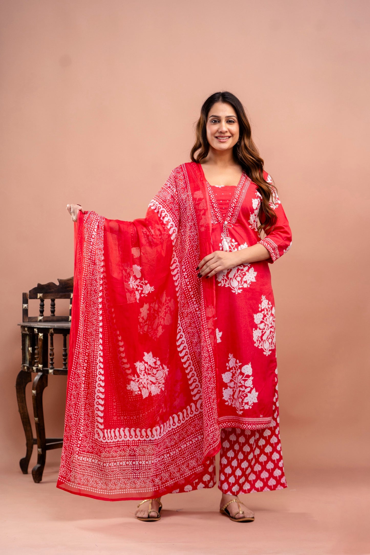 PoshArt Red Floral Straight Kurta Set With Duptta