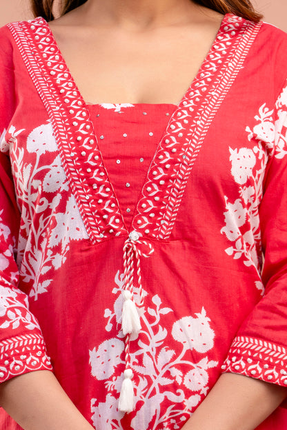 PoshArt Red Floral Straight Kurta Set With Duptta