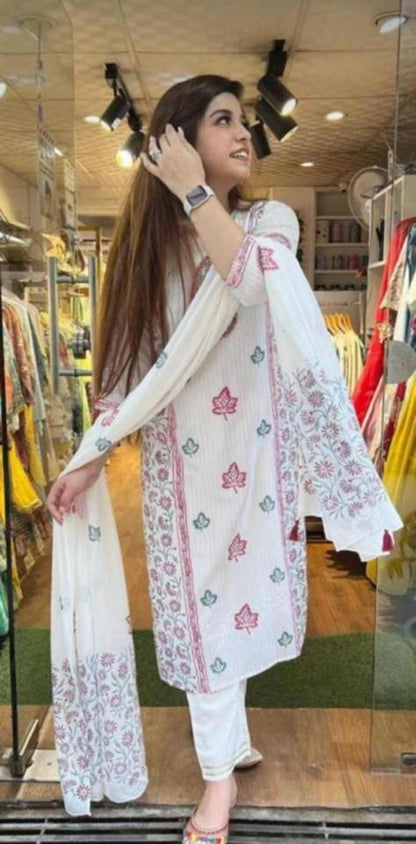 PoshArt White Attractive Cotton Lurex Kurta Pant and Dupatta