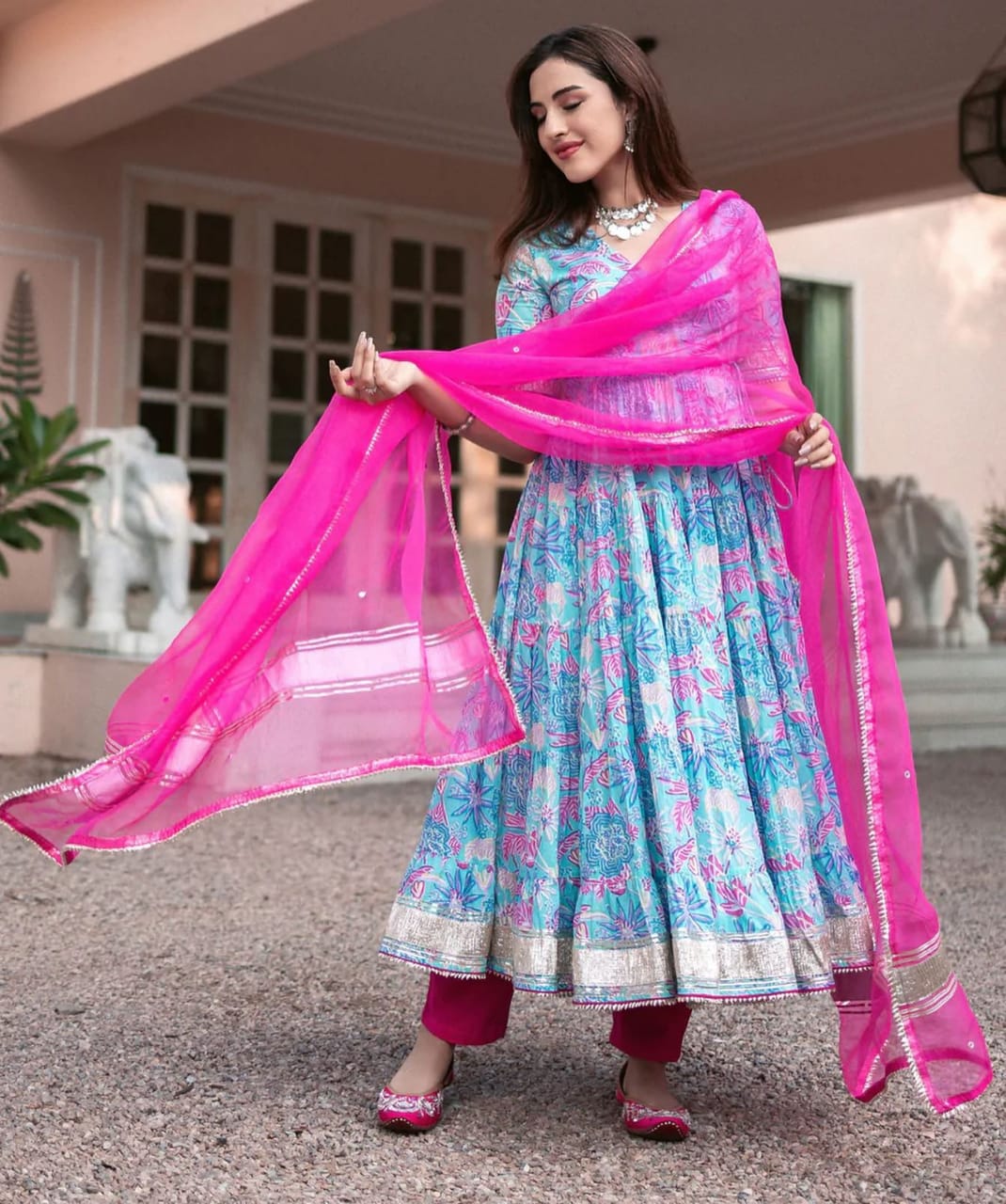 PoshArt Floral Printed Anarkali Slit Kurti With Pant And Dupatta