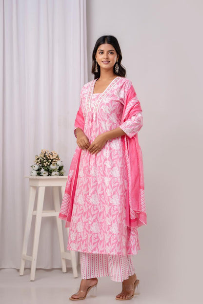 PoshArt Pink Floral A-Line Kurta Set With Dupatta