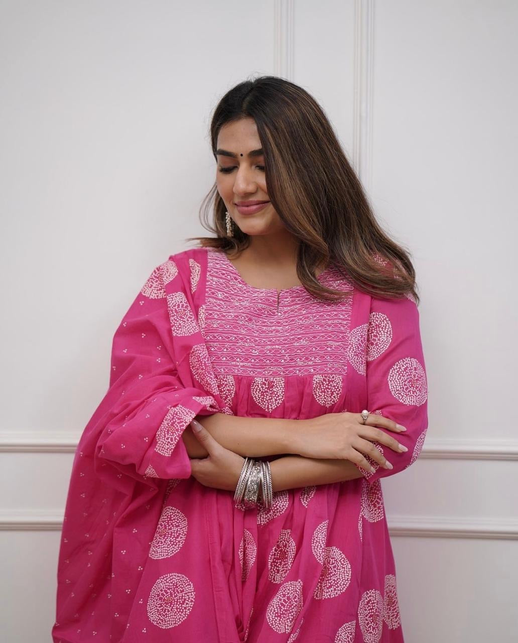 PoshArt Pink Bandhej A-Line Kurta Set With Dupatta