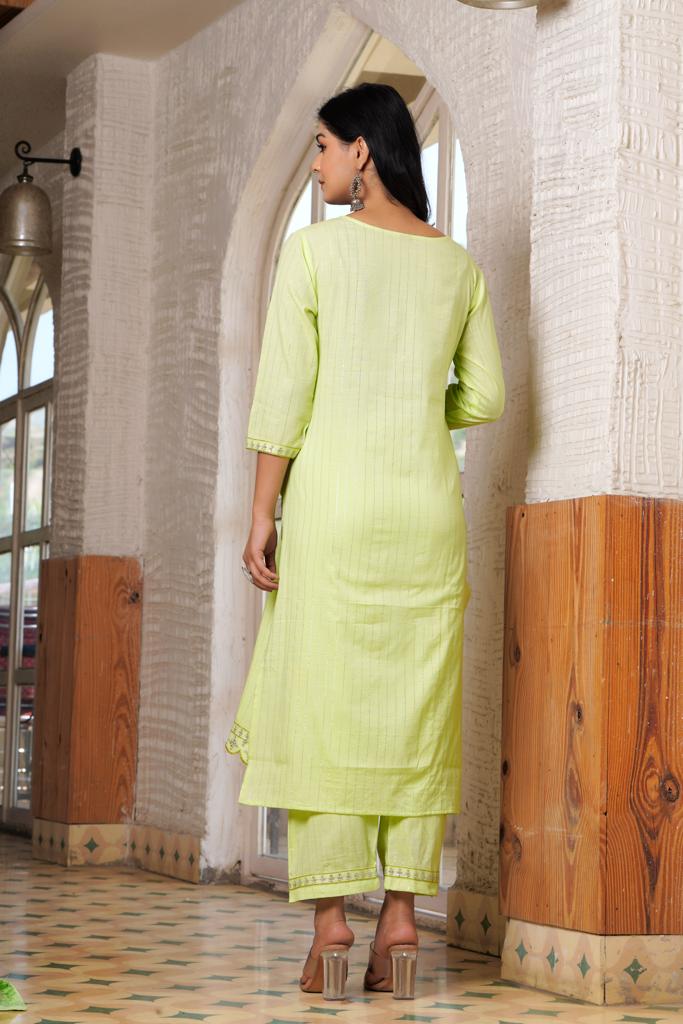 PoshArt Green Lurex Kurti Pant With Duptta Set