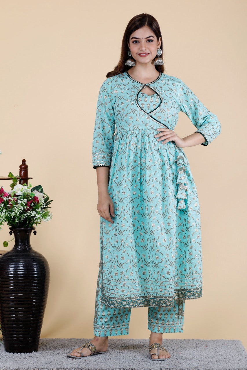 Poshart Sky Blue NairaCut Kurti Pant Duptta Set